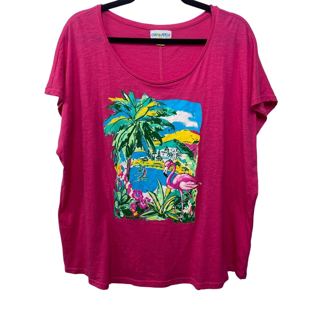 Vtg Y2K Kiwi Fresh Women 1X Pink Tropical Flamingo Graphic T-Shirt Cotton Slub